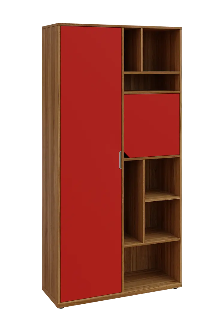 KSR6-83 L skříň šatní, 1x výsuvné ramínko, dvířka, niky, 2053x1022x400 mm, provedení levé, ořech světlý/červená